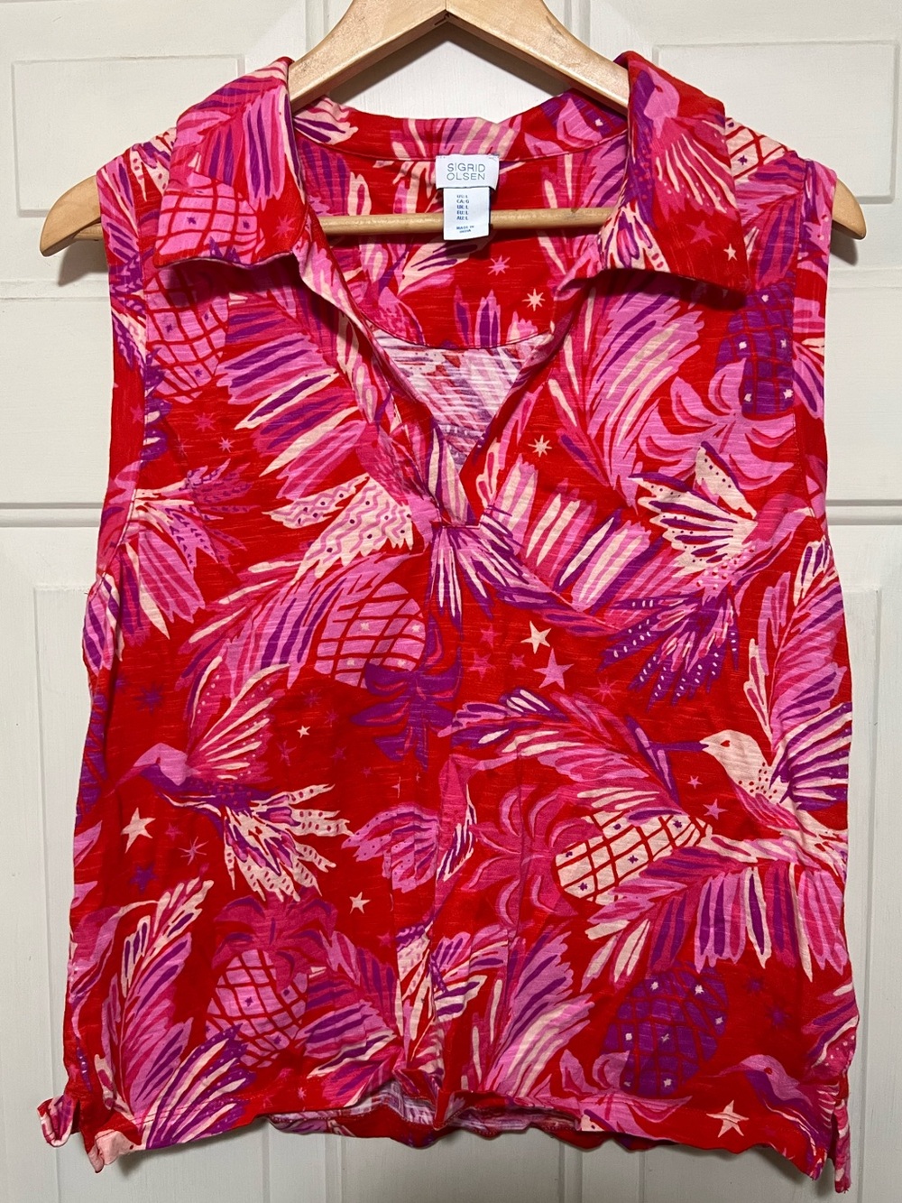 Sigrid Olsen Sleeveless Tropical Bird Print Collared Top Red Pink Size Large